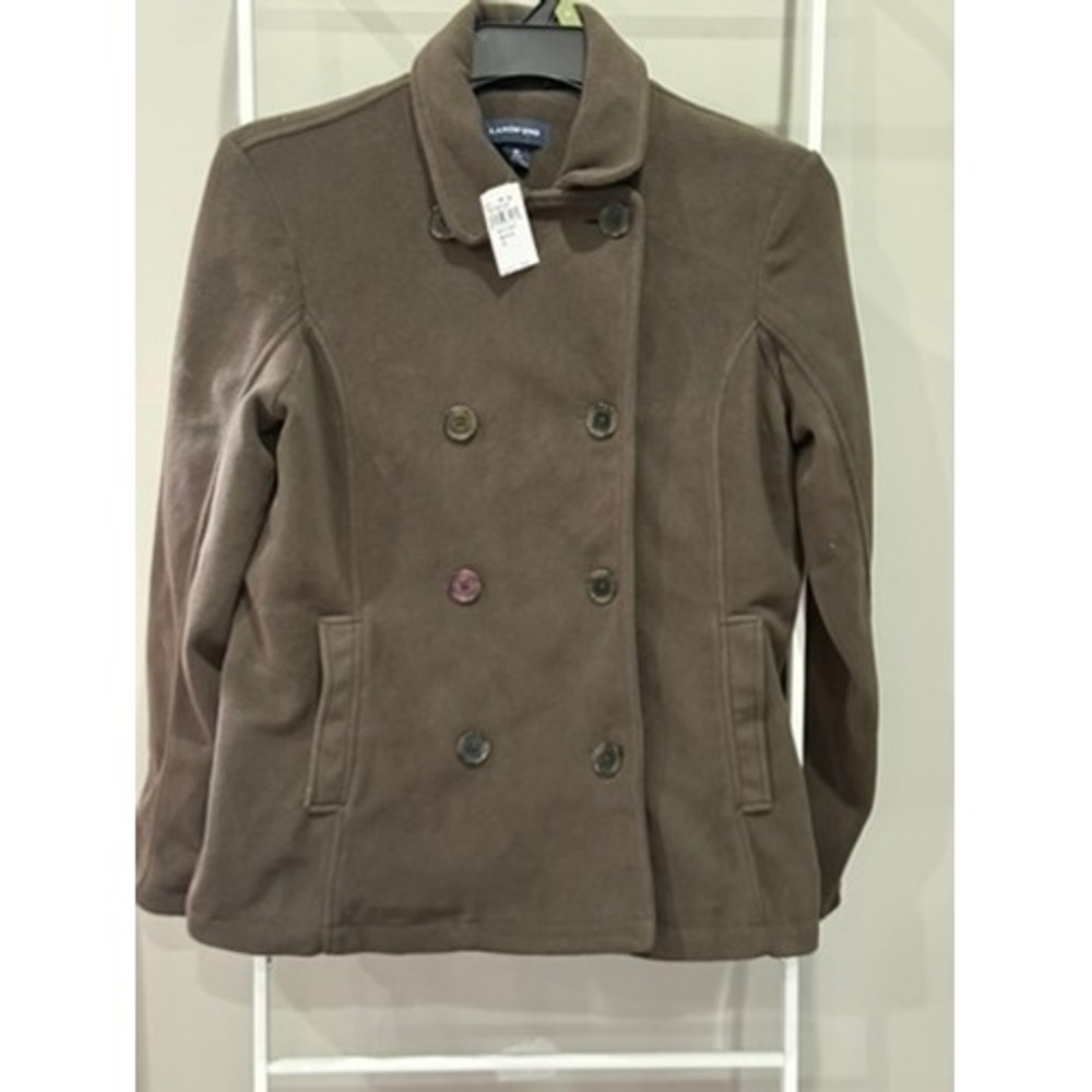 NWT Lands End Womens Brown‎ ThermaCheck Fleece Pea Coat Jacket Size M 10-12